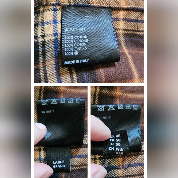Amiri | Leather Logo Flannel Button Down Shirt | Brown | Mens | Size Large - Picture 16 of 16